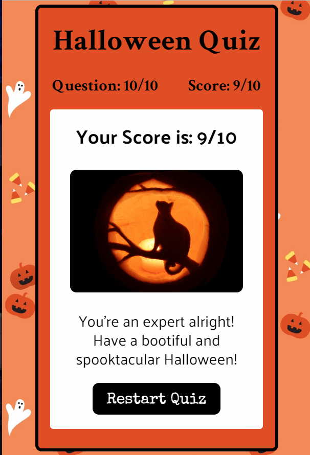 Screenshot of Halloween Quiz App Final Score Page