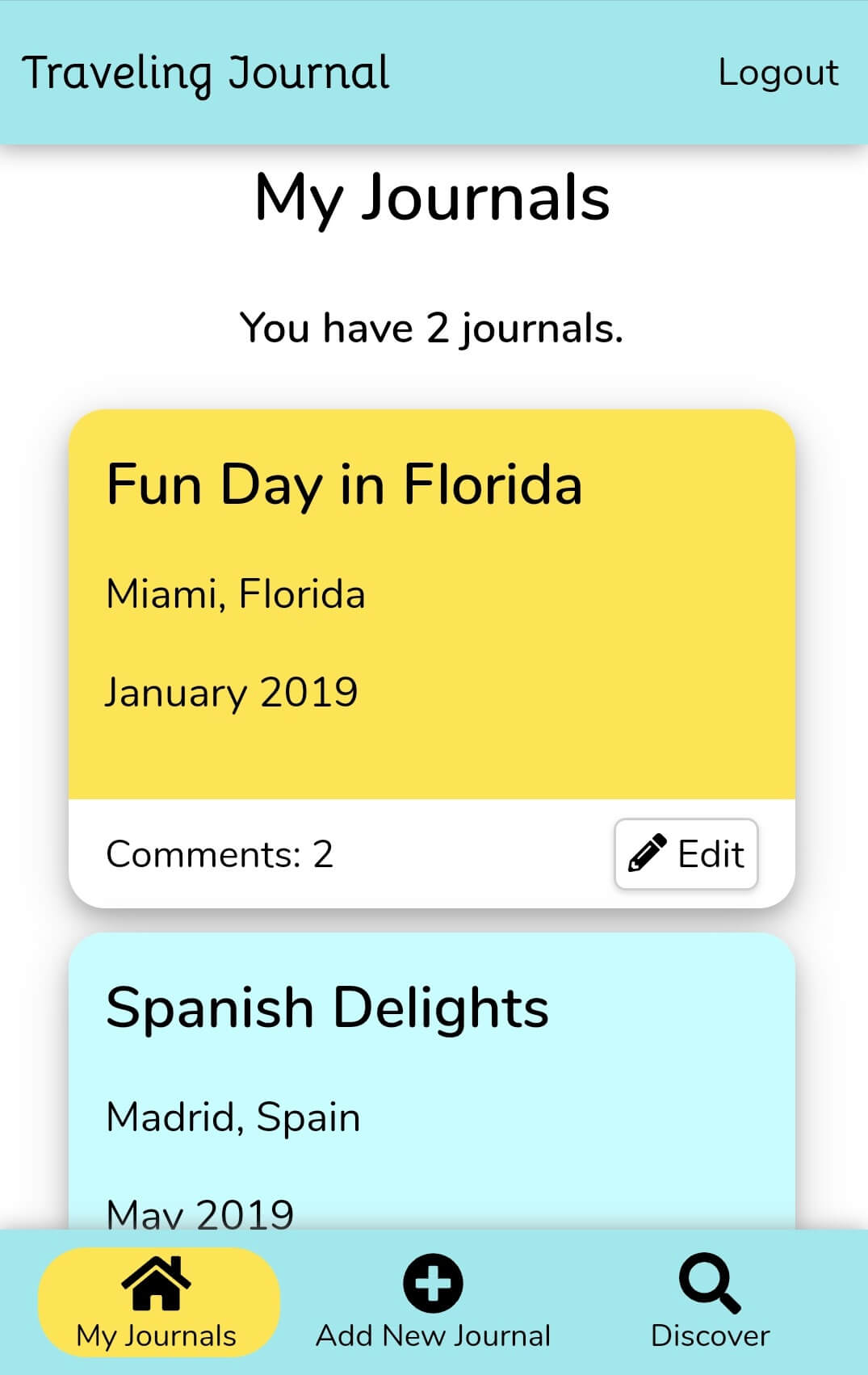 Screenshot of Traveling Journal's user home page